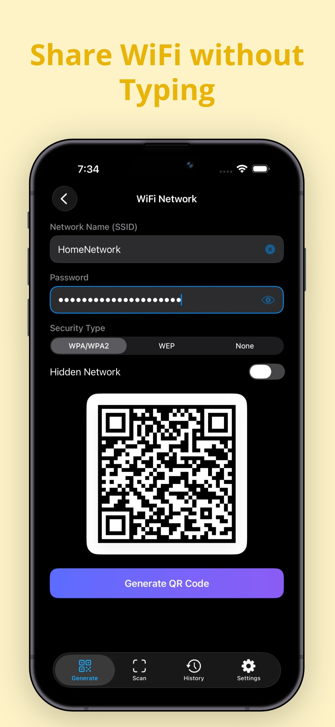 Share WiFi without typing — QR generator