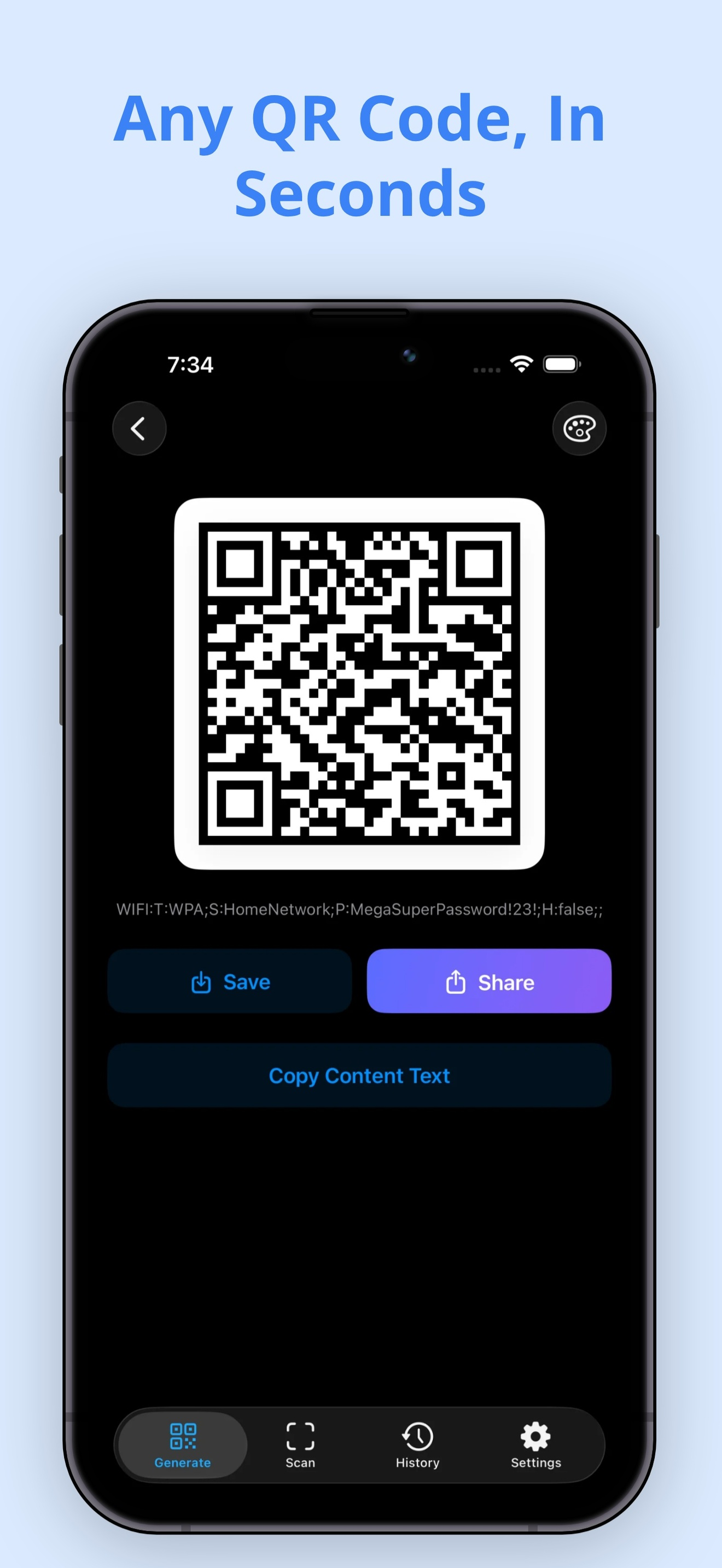 QRcody QR code generated with save and share options