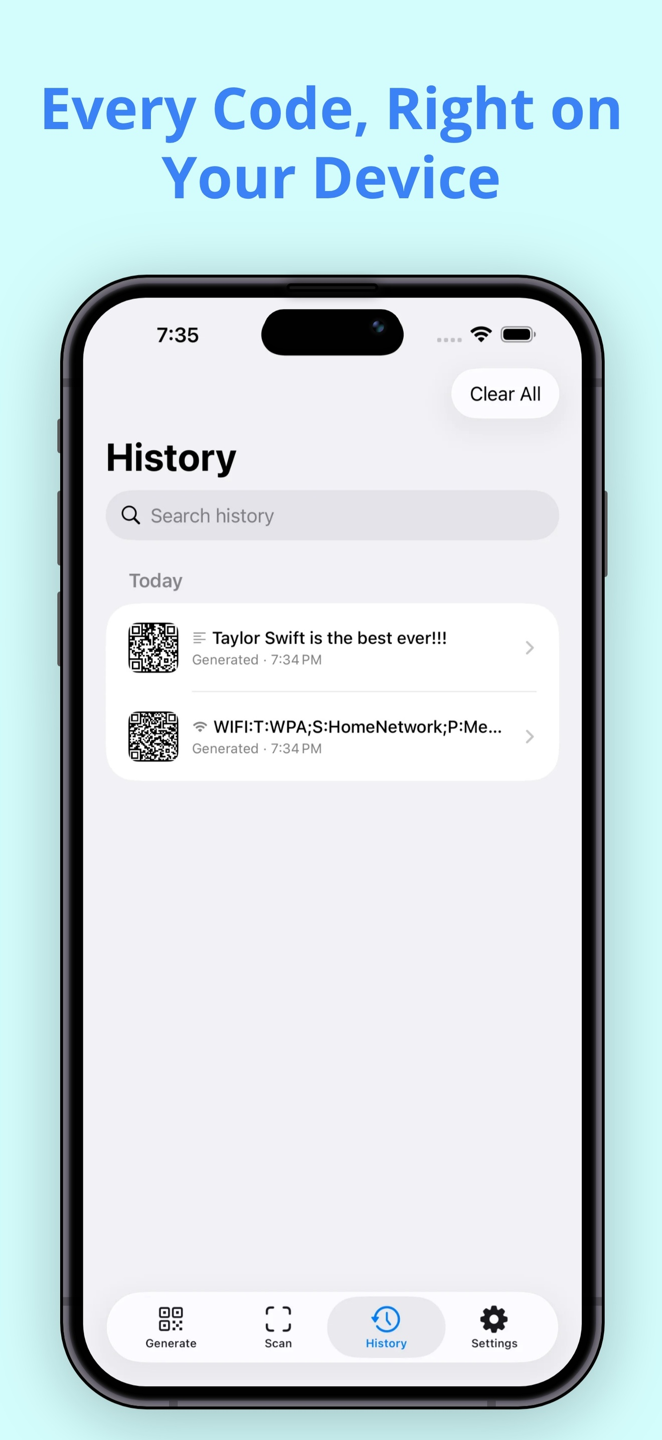 Every code, right on your device — history