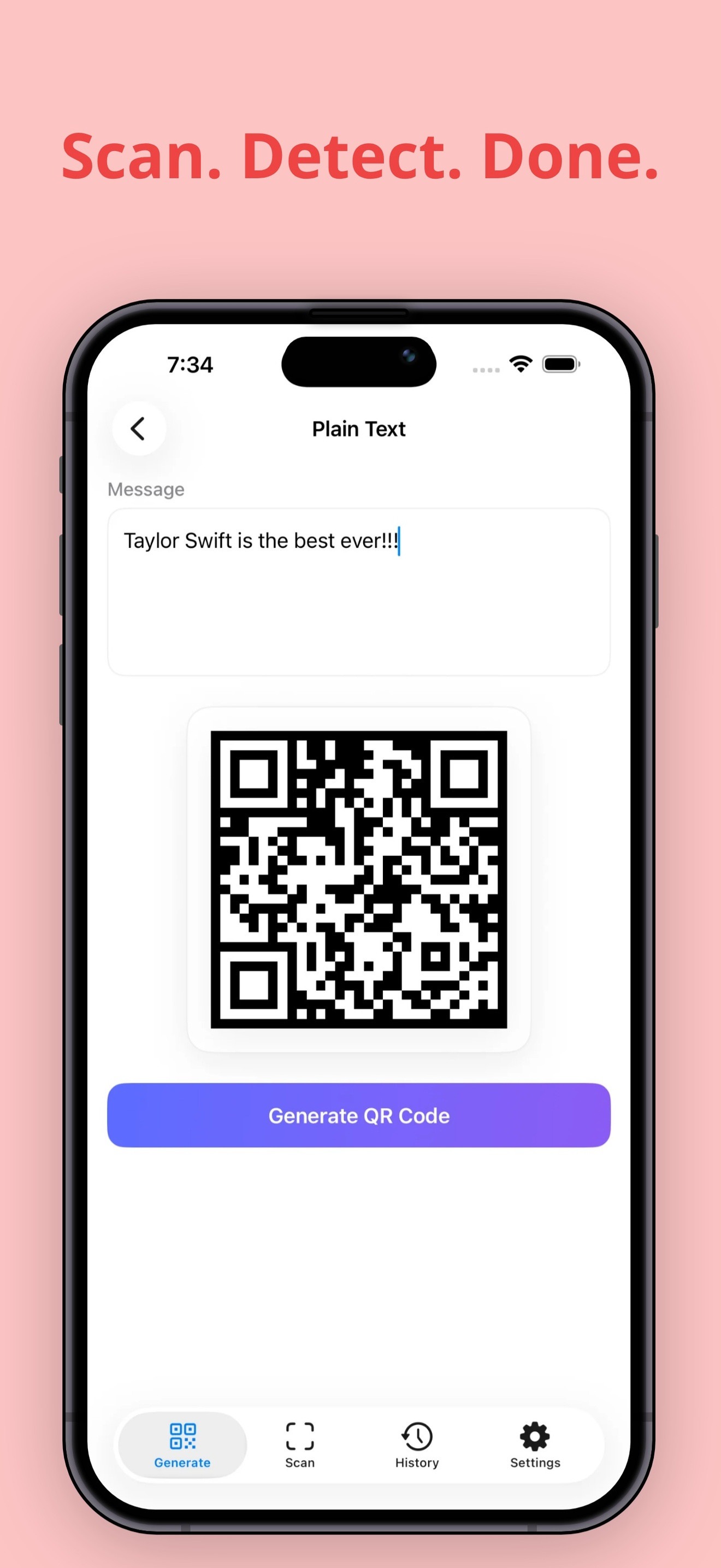 Scan, detect, done — plain text QR
